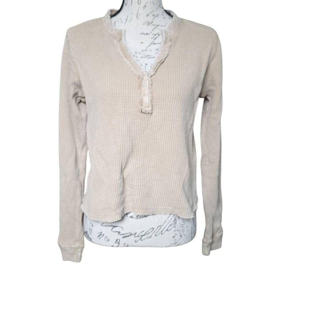Mono B Women's Size Large Tan Waffle Knit Button Down Long Sleeve Henley